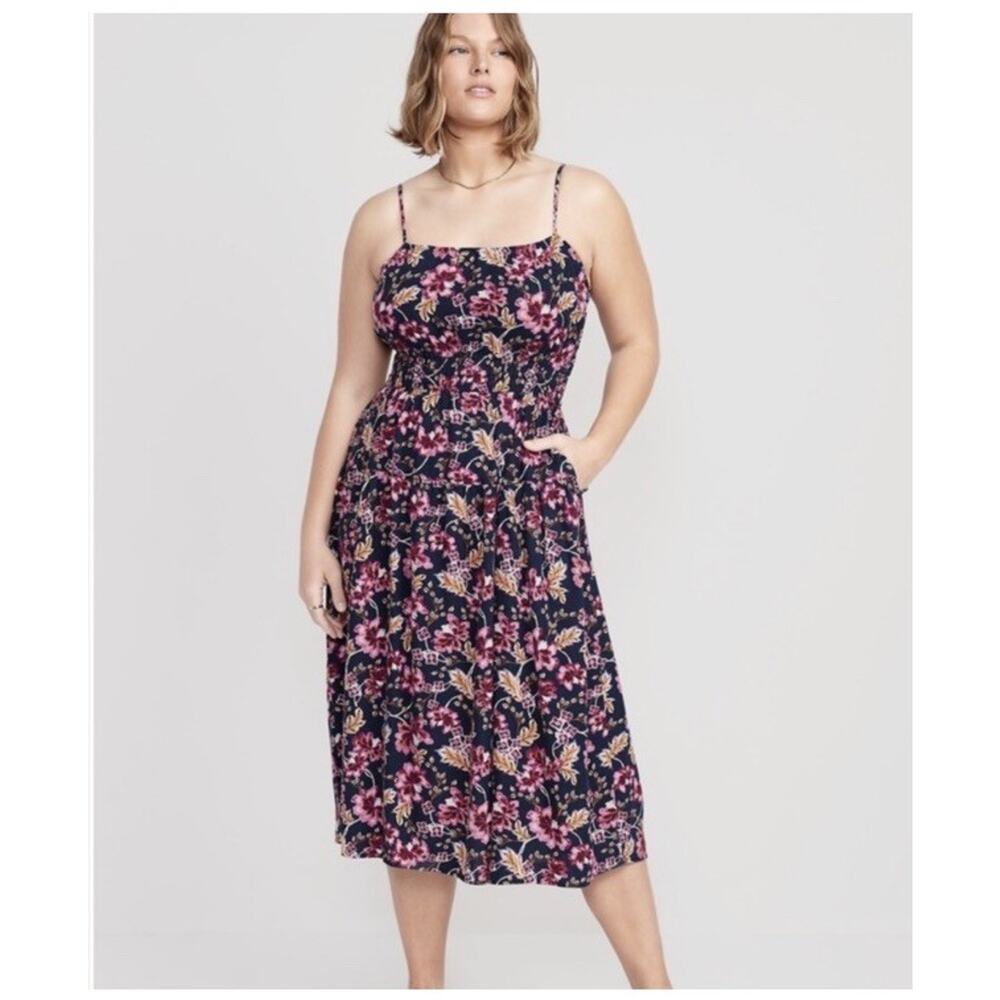 Old Navy Floral Linen Blend Midi Dress Smocked Waist XL Navy Pockets Cottage